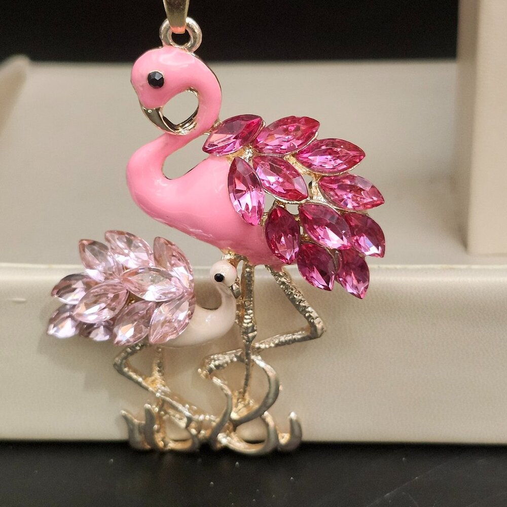 Betsey Johnson Jewelry Pink Flamingo Mother Child Pendant Crystals Enamel Gold